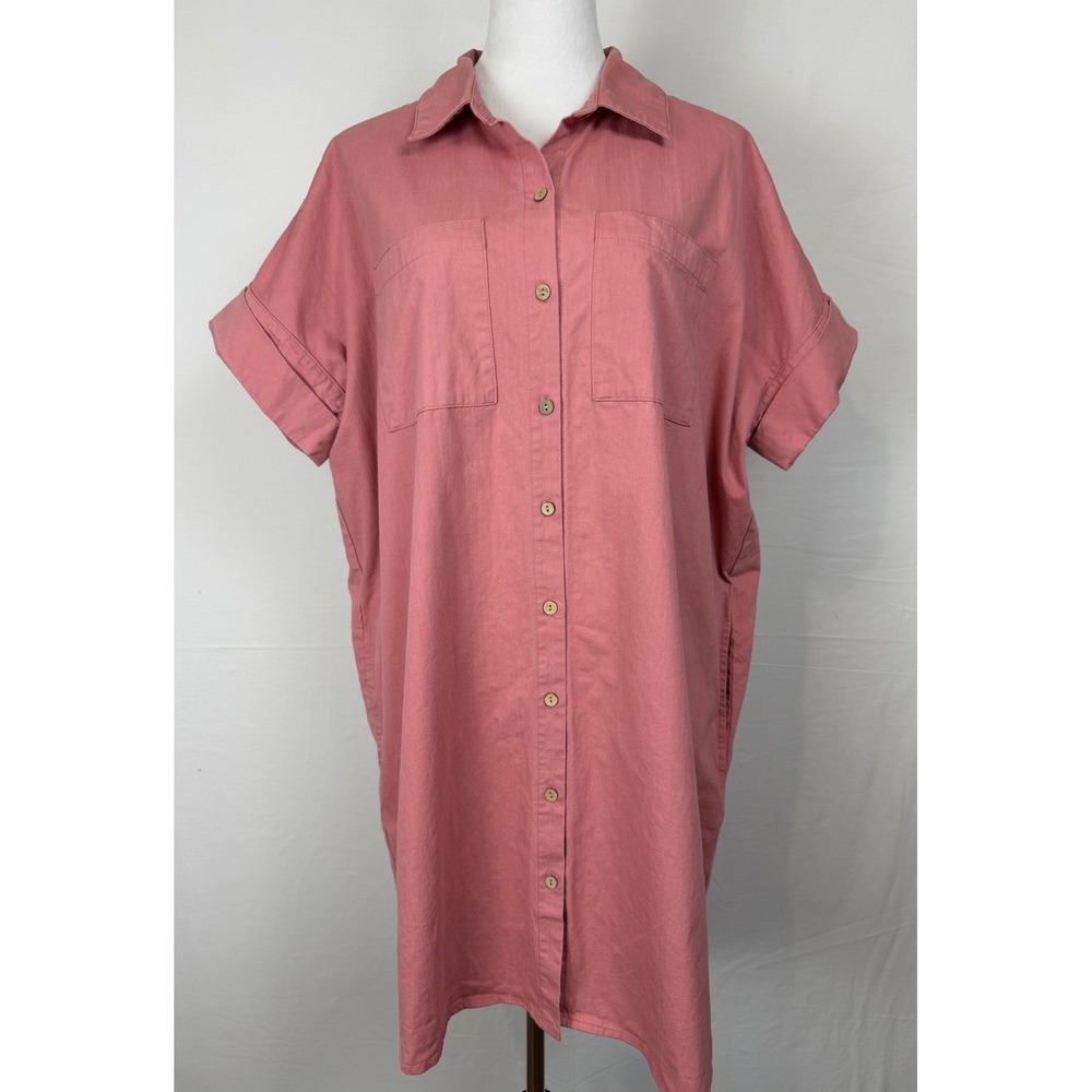 OAT Shirt Dress Womens L Pink Cotton Linen Cuffed Sleeve Lagenlook Girly Office